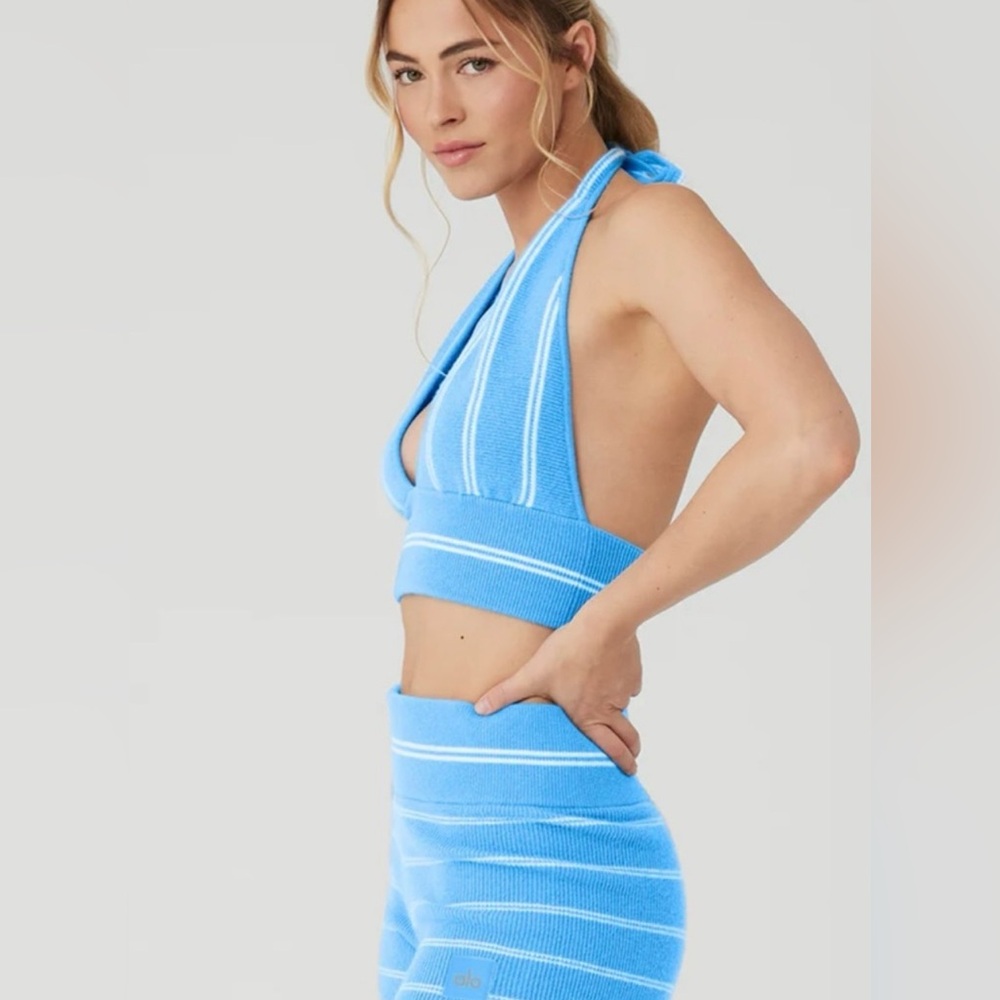 NWT ALO Yoga Cashmere Mini Stripe Azure Halter Top & Shorts Small - Picture 2 of 12